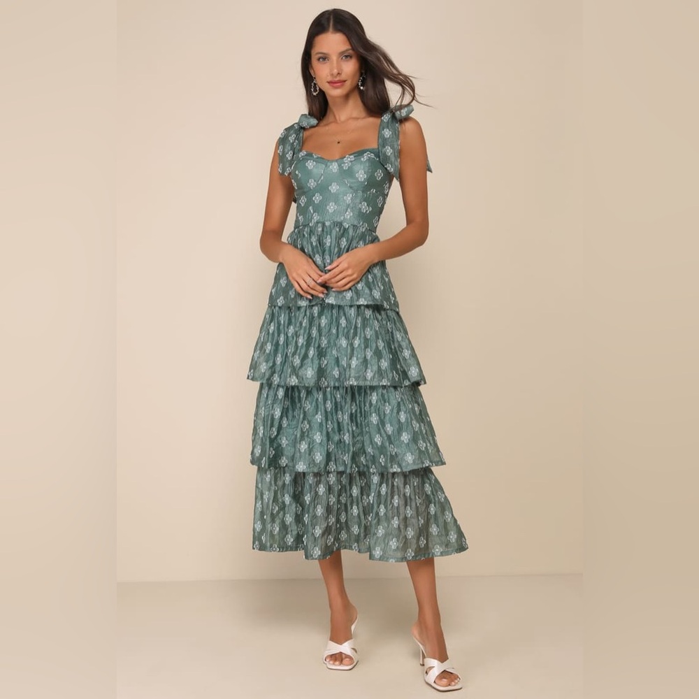Gorgeous Excellence Teal Green Floral Burnout Tiered Midi Dress